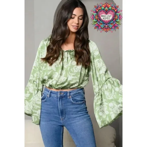 Peach Love Sage Green Satin Large Floral Print Off Shoulder Bubble Top - Picture 2 of 7